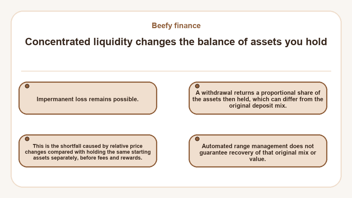 Concentrated liquidity changes the balance of assets you hold: Impermanent loss remains possible.; This is the shortfall caused by relative price changes compared with holding the same starting assets separately, before fees and rewards.; A withdrawal returns a proportional share of the assets then held, which can differ from the original deposit mix.; Automated range management does not guarantee recovery of that original mix or value.