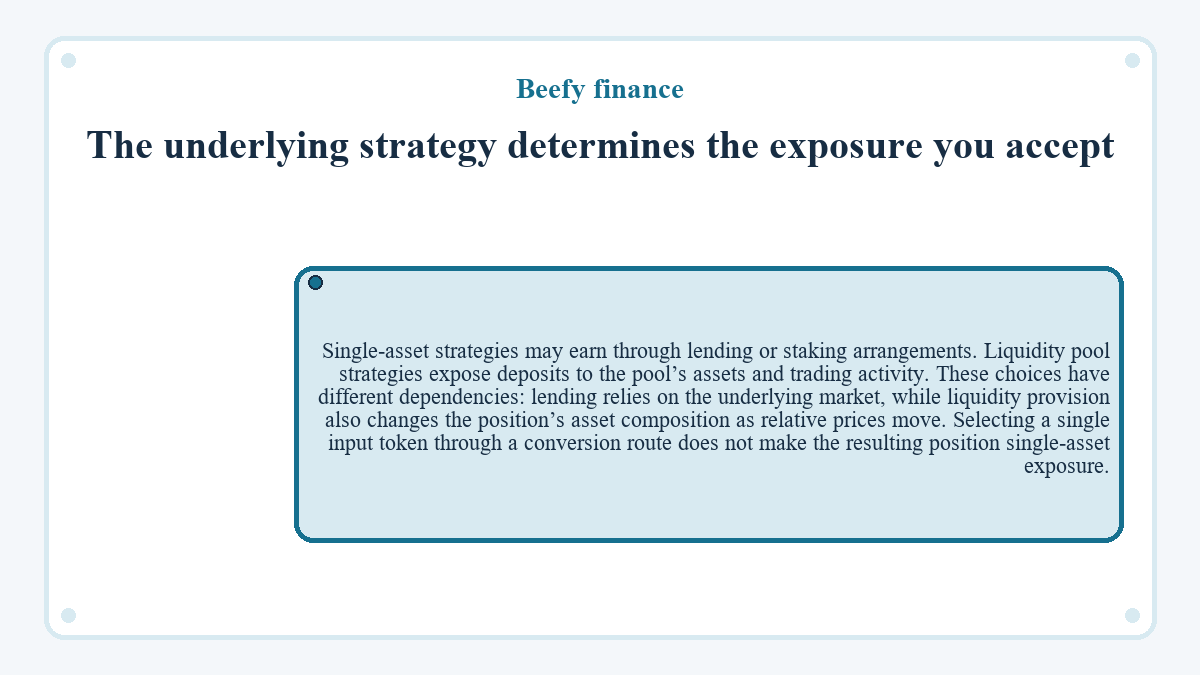 The underlying strategy determines the exposure you accept: Single-asset strategies may earn through lending or staking arrangements. Liquidity pool strategies expose deposits to the pool’s assets and trading activity. These choices have different dependencies: lending relies on the underlying market, while liquidity provision also changes the position’s asset composition as relative prices move. Selecting a single input token through a conversion route does not make the resulting position single-asset exposure.